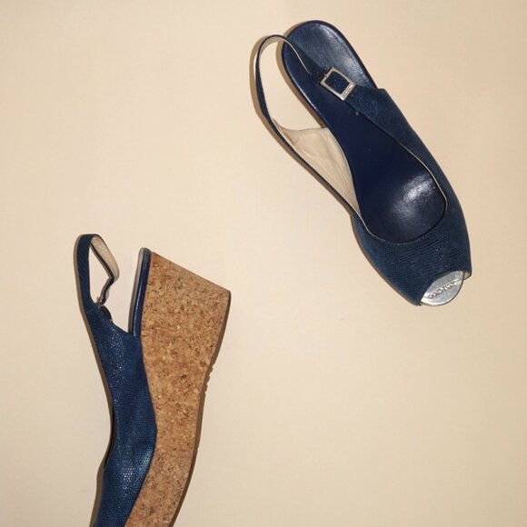 “Jimmy Choo” Royal Blue Slingback Cork Wedges - Size 38 - Picture 4 of 8